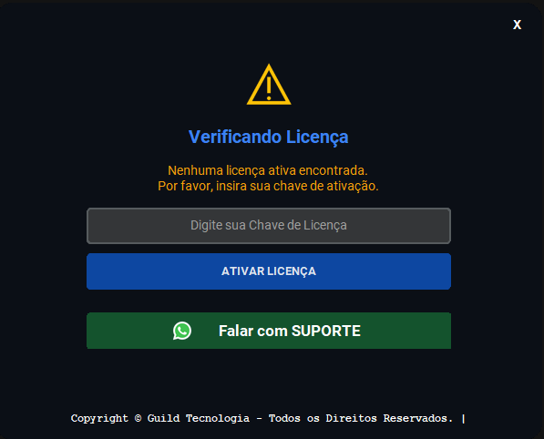 Tela de ativação da licença do WhatsApp Sign