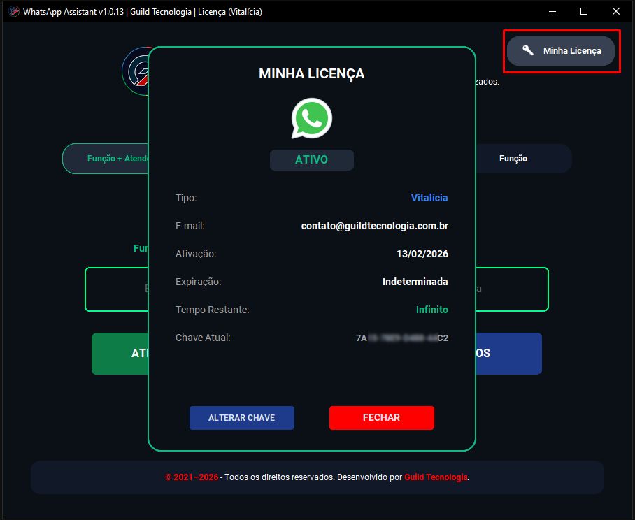 Tela de informações de licença do WhatsApp Sign
