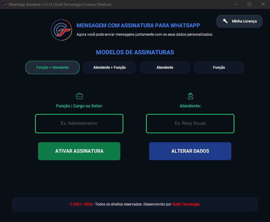 Tela inicial do programa WhatsApp Sign mostrando o painel principal